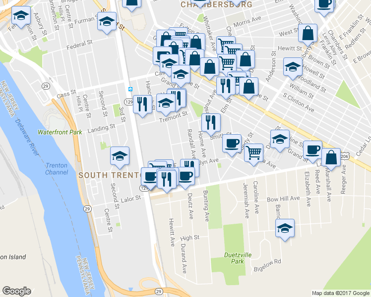 map of restaurants, bars, coffee shops, grocery stores, and more near 820 Beatty Street in Trenton