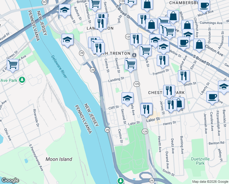map of restaurants, bars, coffee shops, grocery stores, and more near 646 Centre Street in Trenton