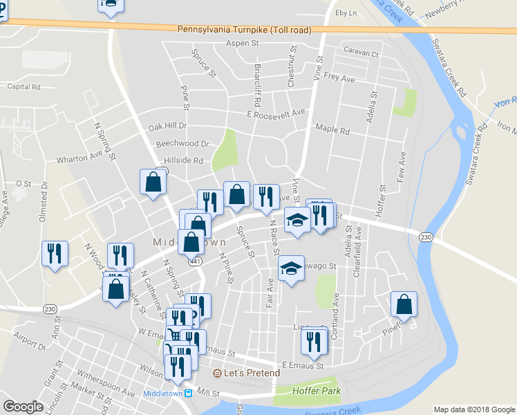 map of restaurants, bars, coffee shops, grocery stores, and more near 267 East Main Street in Middletown