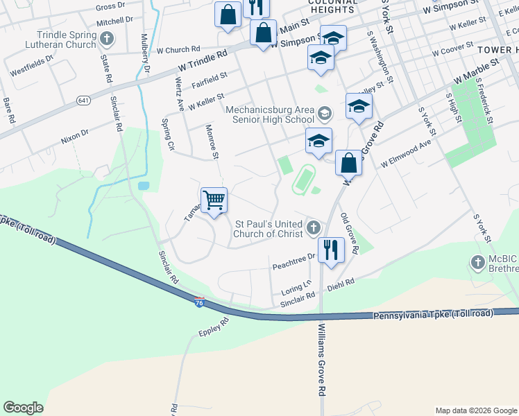 map of restaurants, bars, coffee shops, grocery stores, and more near 711 Evelyn Avenue in Mechanicsburg