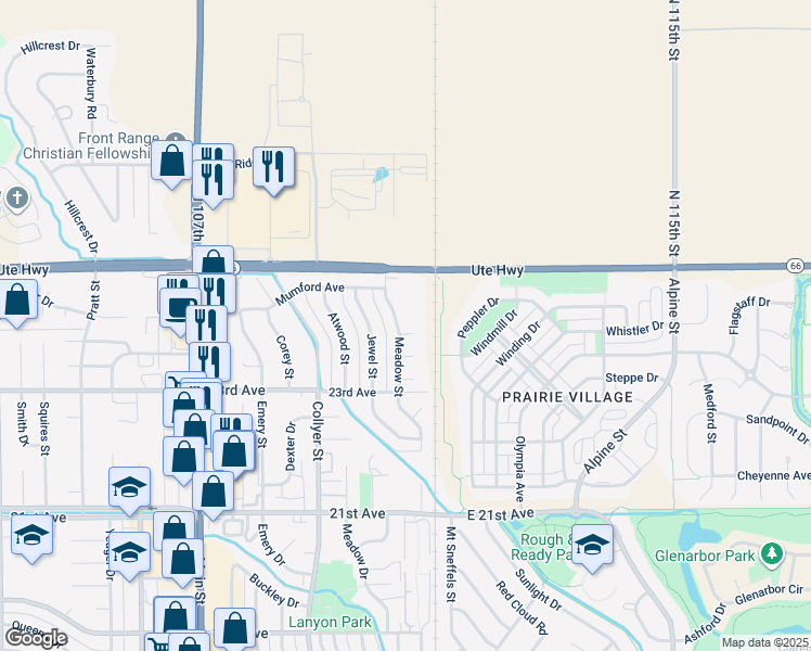 map of restaurants, bars, coffee shops, grocery stores, and more near 20 Birdsill Place in Longmont