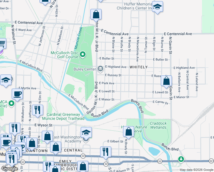 map of restaurants, bars, coffee shops, grocery stores, and more near 920 North Penn Street in Muncie