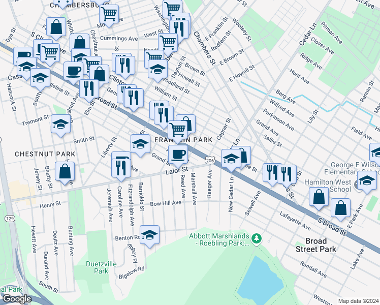 map of restaurants, bars, coffee shops, grocery stores, and more near 1383 South Broad Street in Trenton