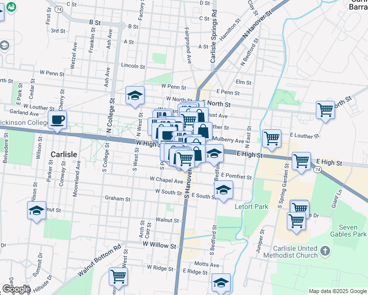 map of restaurants, bars, coffee shops, grocery stores, and more near 1 South Court House Avenue in Carlisle