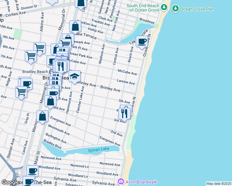 map of restaurants, bars, coffee shops, grocery stores, and more near 209 Brinley Avenue in Bradley Beach