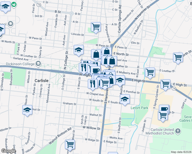 map of restaurants, bars, coffee shops, grocery stores, and more near 56 West High Street in Carlisle