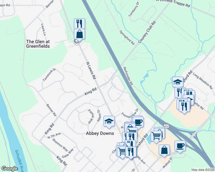 map of restaurants, bars, coffee shops, grocery stores, and more near 28 Country Club Road in Royersford