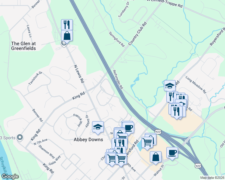 map of restaurants, bars, coffee shops, grocery stores, and more near 2213 Foxmeadow Drive in Royersford