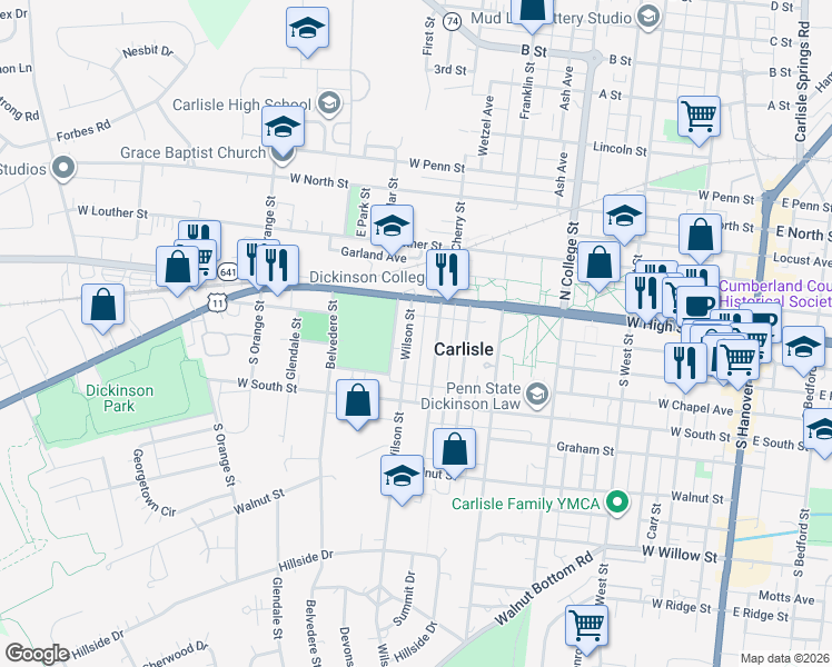 map of restaurants, bars, coffee shops, grocery stores, and more near 39 Wilson Street in Carlisle