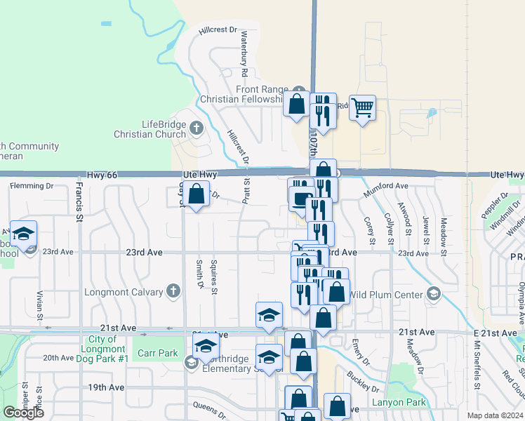 map of restaurants, bars, coffee shops, grocery stores, and more near 911 Parker Drive in Longmont