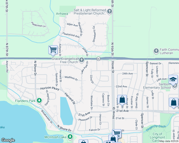 map of restaurants, bars, coffee shops, grocery stores, and more near 2567 22nd Drive in Longmont