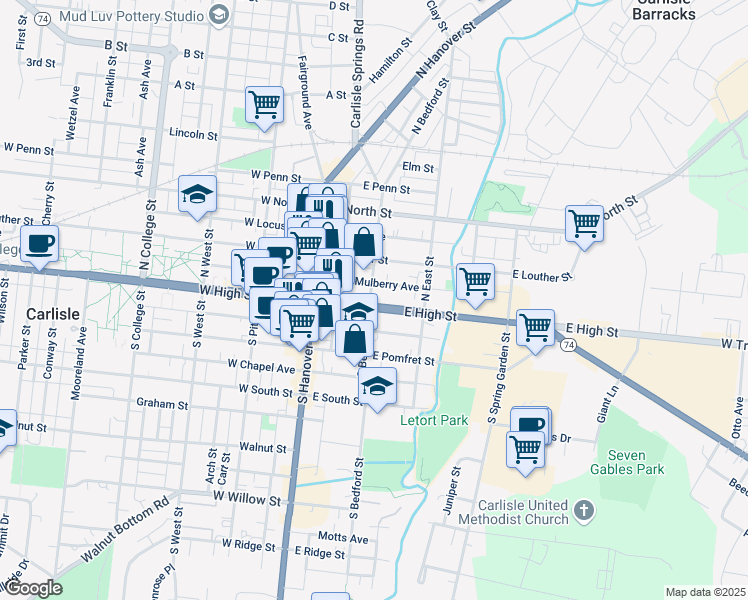 map of restaurants, bars, coffee shops, grocery stores, and more near 37 East High Street in Carlisle