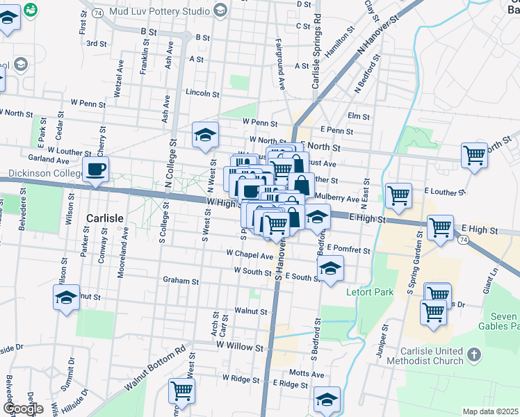 map of restaurants, bars, coffee shops, grocery stores, and more near 8 West High Street in Carlisle