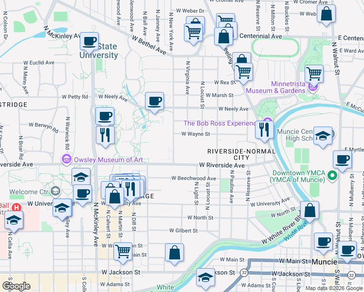 map of restaurants, bars, coffee shops, grocery stores, and more near 1200 West Riverside Avenue in Muncie