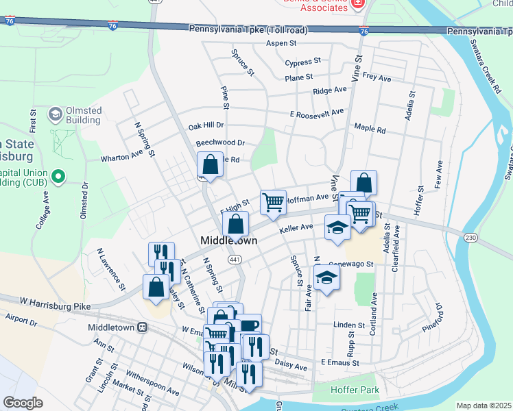 map of restaurants, bars, coffee shops, grocery stores, and more near 141 East High Street in Middletown