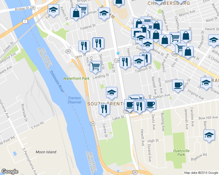 map of restaurants, bars, coffee shops, grocery stores, and more near 656 Second Street in Trenton