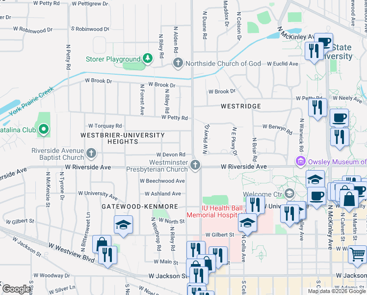 map of restaurants, bars, coffee shops, grocery stores, and more near 908 North Alden Road in Muncie