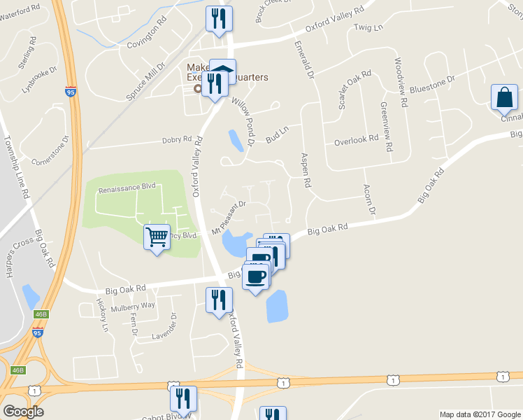 map of restaurants, bars, coffee shops, grocery stores, and more near 1620 Spring Mill Court in Yardley
