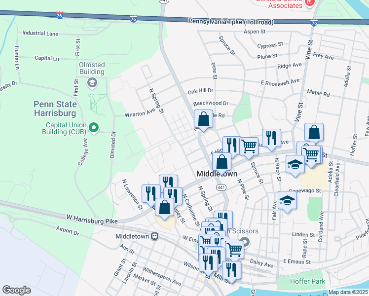 map of restaurants, bars, coffee shops, grocery stores, and more near 556 North Spring Street in Middletown