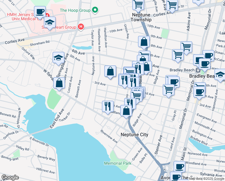 map of restaurants, bars, coffee shops, grocery stores, and more near 124 Evergreen Avenue in Neptune City