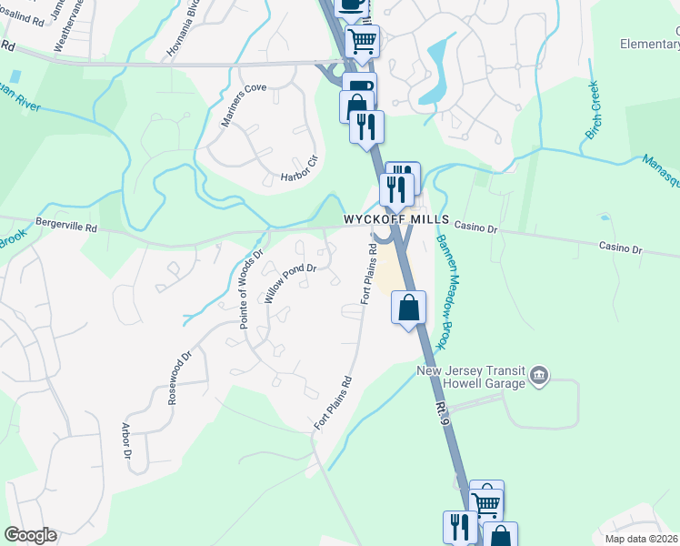 map of restaurants, bars, coffee shops, grocery stores, and more near 17 Chinkaberry Court in Howell