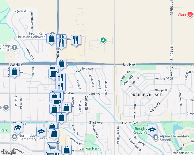 map of restaurants, bars, coffee shops, grocery stores, and more near 2419 Jewel Street in Longmont