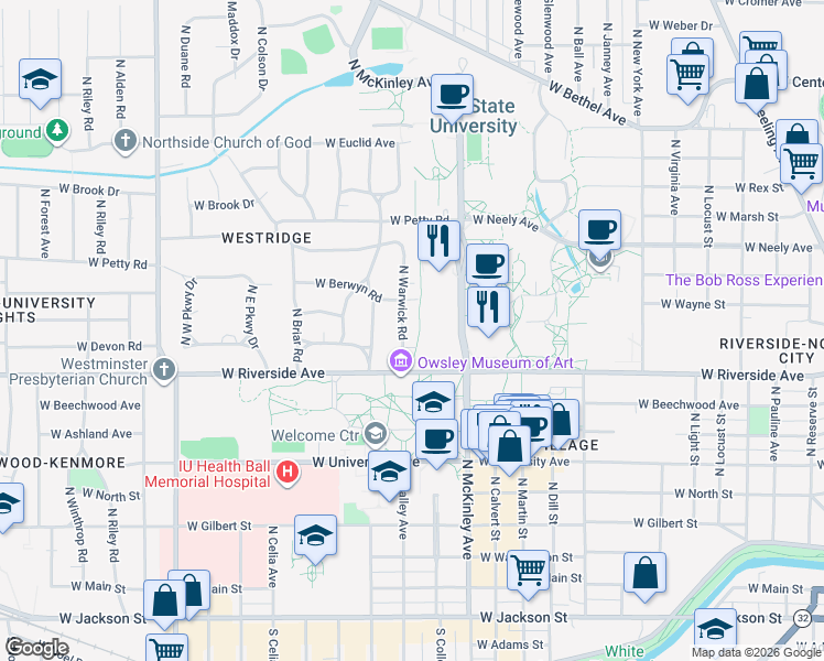 map of restaurants, bars, coffee shops, grocery stores, and more near 912 West Warwick Road in Muncie