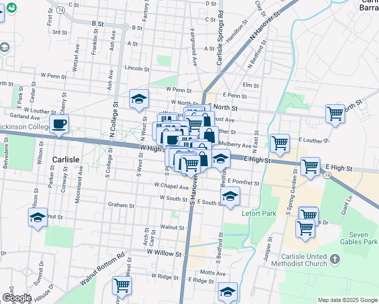 map of restaurants, bars, coffee shops, grocery stores, and more near 1 South Court House Avenue in Carlisle