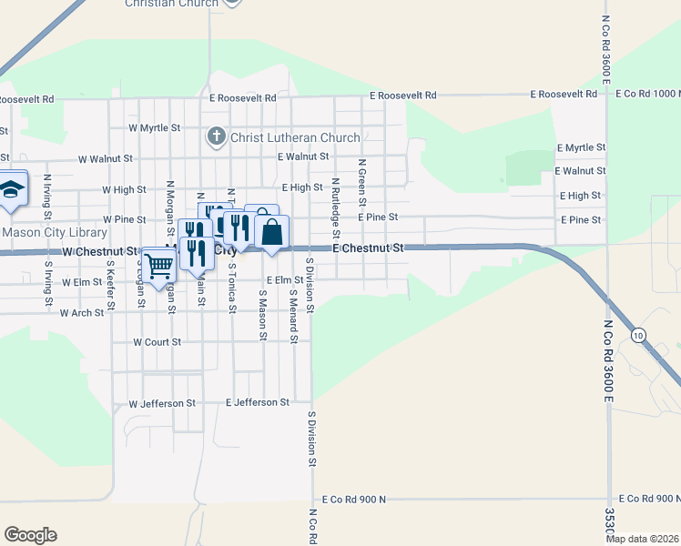 map of restaurants, bars, coffee shops, grocery stores, and more near 600 East Elm Street in Mason City