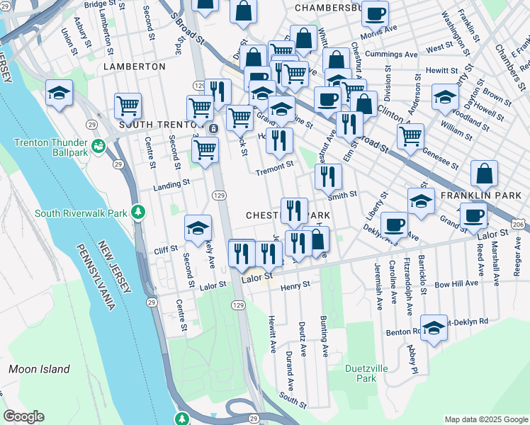 map of restaurants, bars, coffee shops, grocery stores, and more near 208 Jersey Street in Trenton