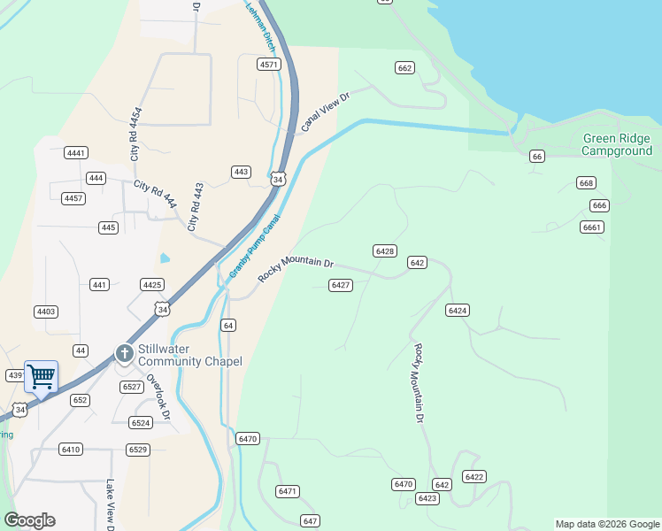 map of restaurants, bars, coffee shops, grocery stores, and more near Rocky Mountain Drive in Grand Lake