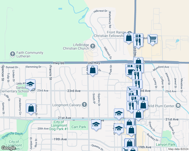 map of restaurants, bars, coffee shops, grocery stores, and more near 2402 Gordon Court in Longmont