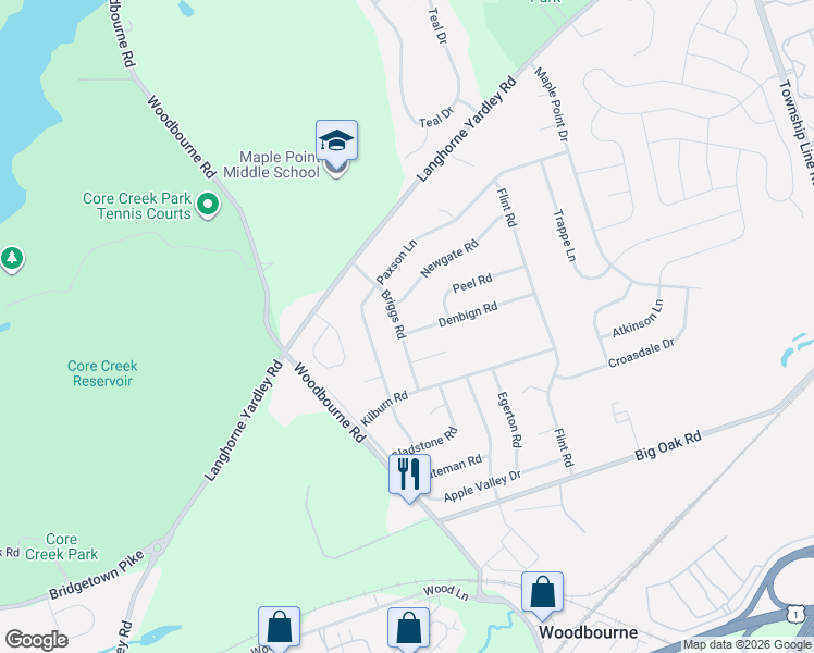 map of restaurants, bars, coffee shops, grocery stores, and more near 445 Briggs Road in Langhorne