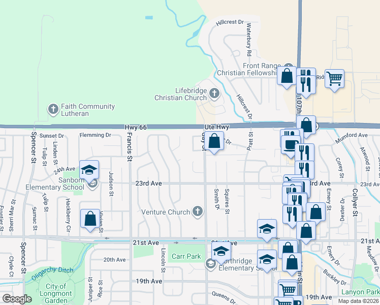 map of restaurants, bars, coffee shops, grocery stores, and more near 1354 Parker Drive in Longmont