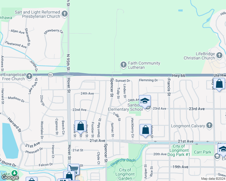 map of restaurants, bars, coffee shops, grocery stores, and more near 2448 Spencer Street in Longmont