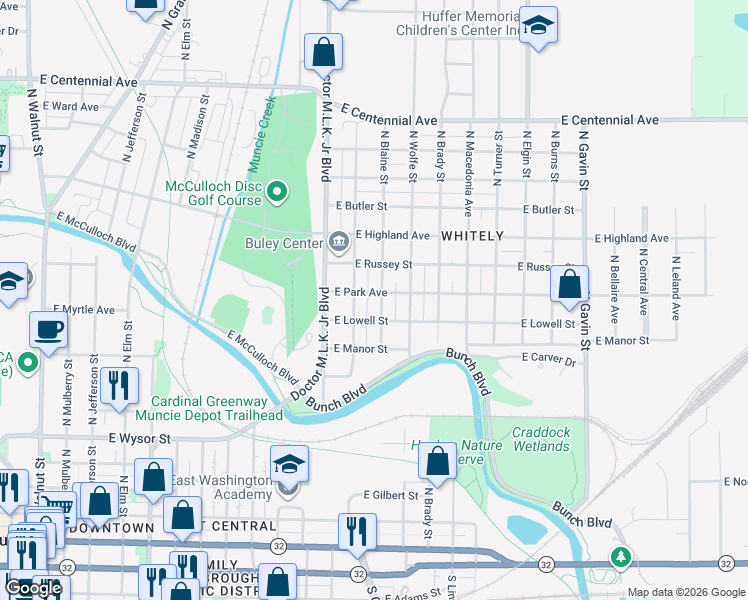 map of restaurants, bars, coffee shops, grocery stores, and more near 920 North Penn Street in Muncie