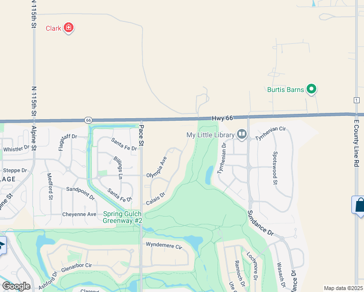 map of restaurants, bars, coffee shops, grocery stores, and more near 2405 Calais Drive in Longmont
