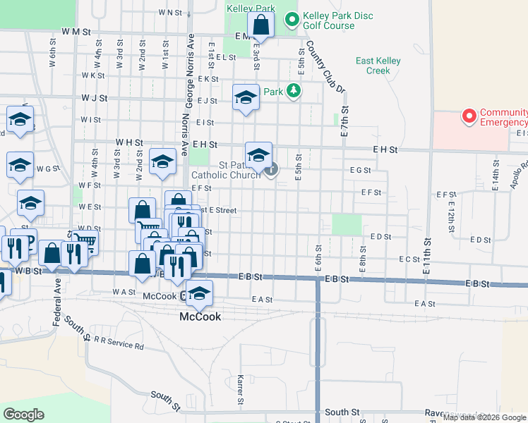 map of restaurants, bars, coffee shops, grocery stores, and more near 400-408 East E Street in McCook