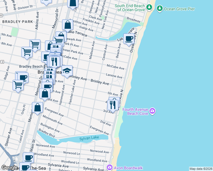 map of restaurants, bars, coffee shops, grocery stores, and more near 209 Brinley Avenue in Bradley Beach