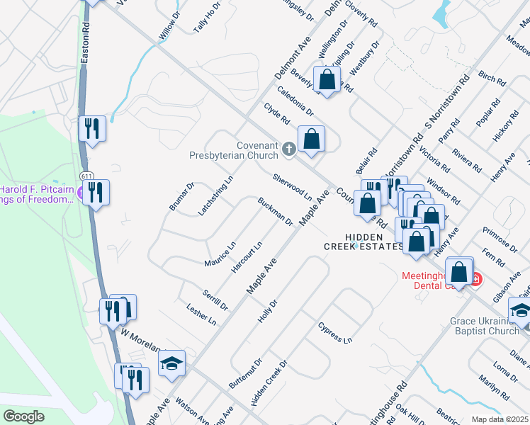 map of restaurants, bars, coffee shops, grocery stores, and more near 507 Buckman Drive in Hatboro