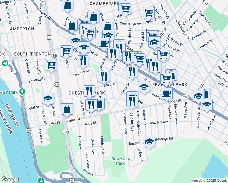 map of restaurants, bars, coffee shops, grocery stores, and more near 145 Barnt Avenue in Trenton