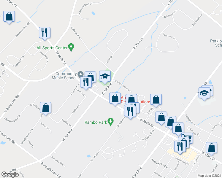 map of restaurants, bars, coffee shops, grocery stores, and more near 50 East 7th Avenue in Collegeville