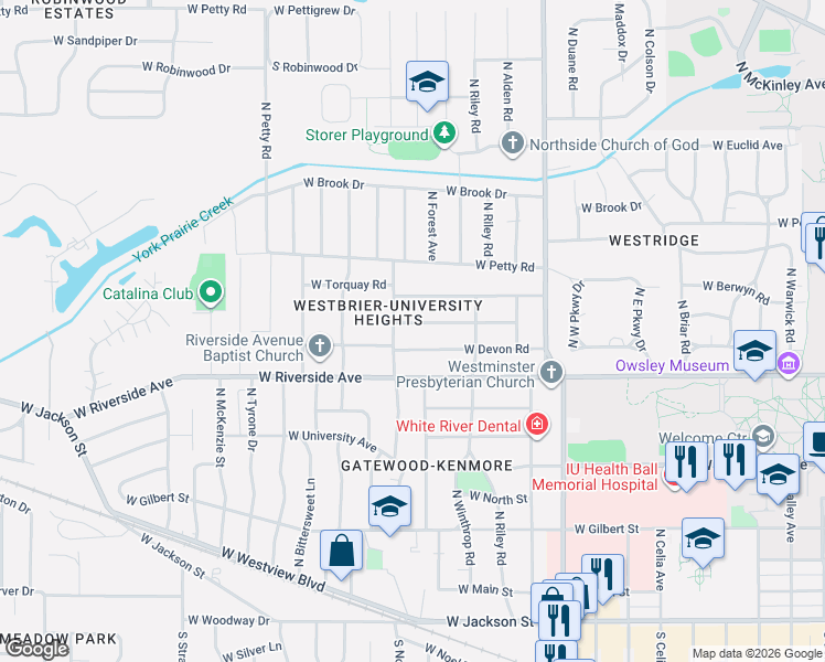 map of restaurants, bars, coffee shops, grocery stores, and more near 3301 W Amherst Rd in Muncie
