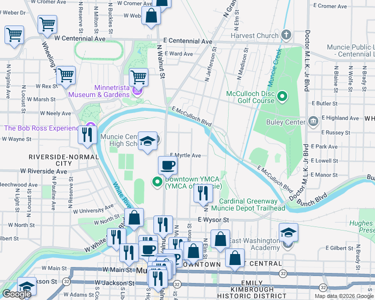 map of restaurants, bars, coffee shops, grocery stores, and more near 805 North Jefferson Street in Muncie