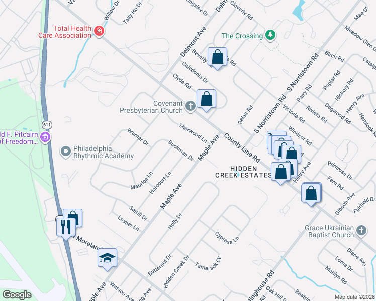map of restaurants, bars, coffee shops, grocery stores, and more near 506 Buckman Drive in Hatboro