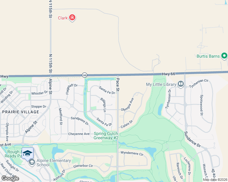 map of restaurants, bars, coffee shops, grocery stores, and more near 2473 Santa Fe Drive in Longmont