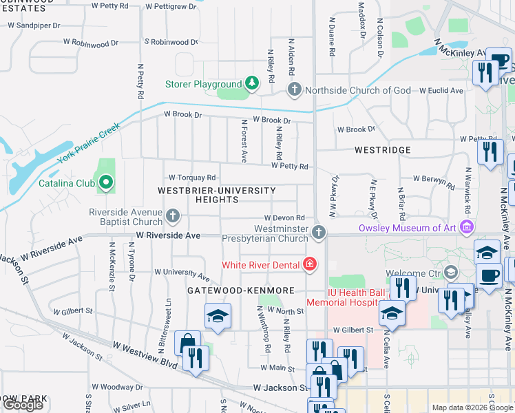 map of restaurants, bars, coffee shops, grocery stores, and more near 3115 West Amherst Road in Muncie