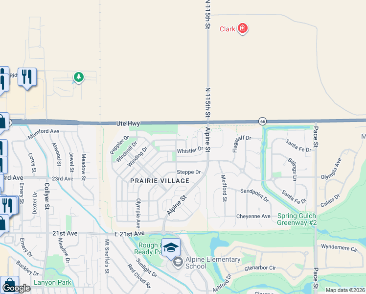 map of restaurants, bars, coffee shops, grocery stores, and more near 11150 Ute Highway in Longmont