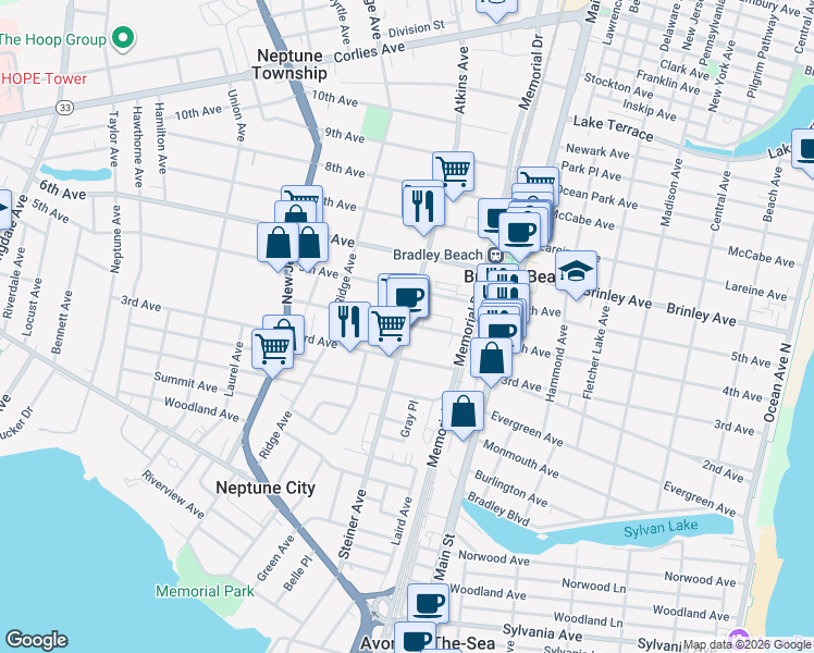 map of restaurants, bars, coffee shops, grocery stores, and more near 21 4th Avenue in Neptune City