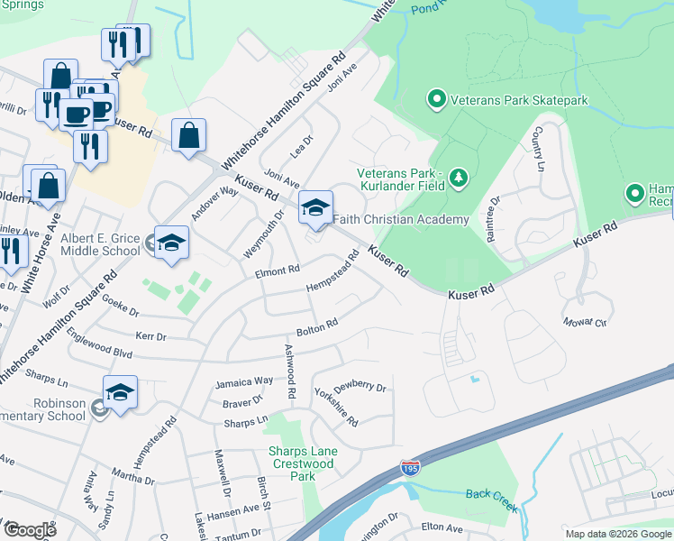map of restaurants, bars, coffee shops, grocery stores, and more near 157 Hempstead Road in Trenton